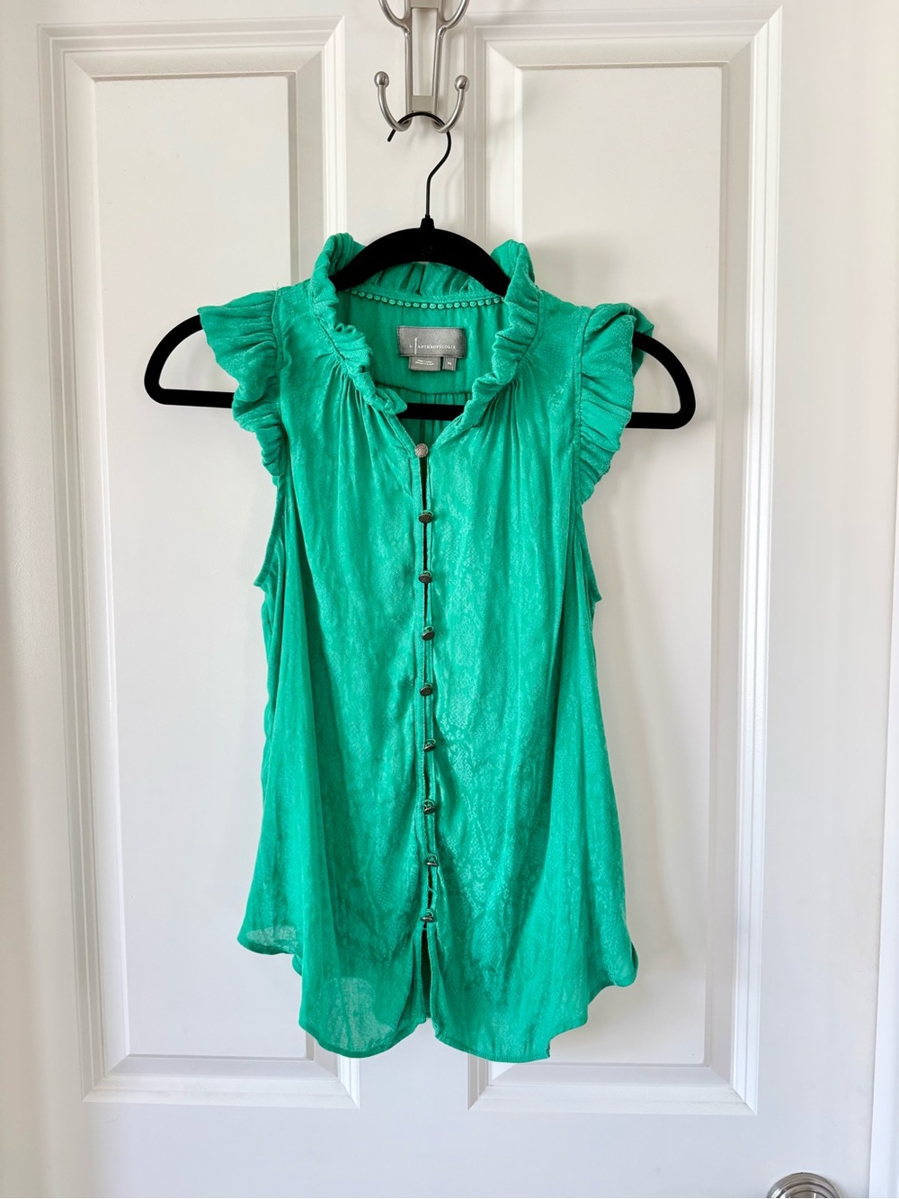 Anthropologie Teal Green Sleeveless Ruffled Button-Front Blouse